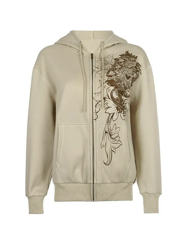 Brownm khaki zip-up hoodie with floral graphics