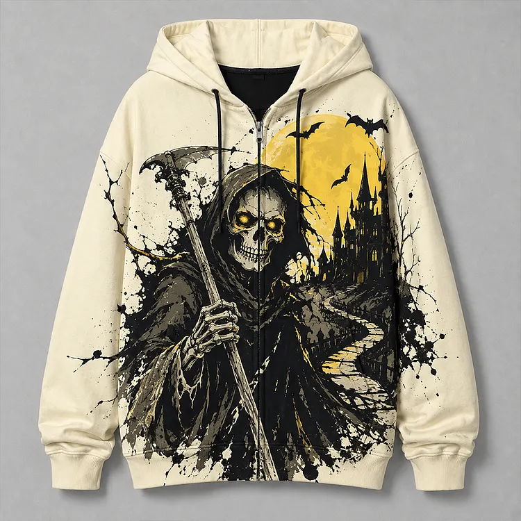 Men's Casual Full-zip Hooded Sweatshirt In Off-white With Grim Reaper, Haunted Castle, Full Moon, And Bats Print