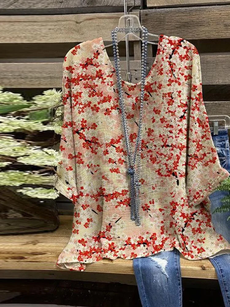 Women's Vintage Red Cherry Blossom Print Casual Top