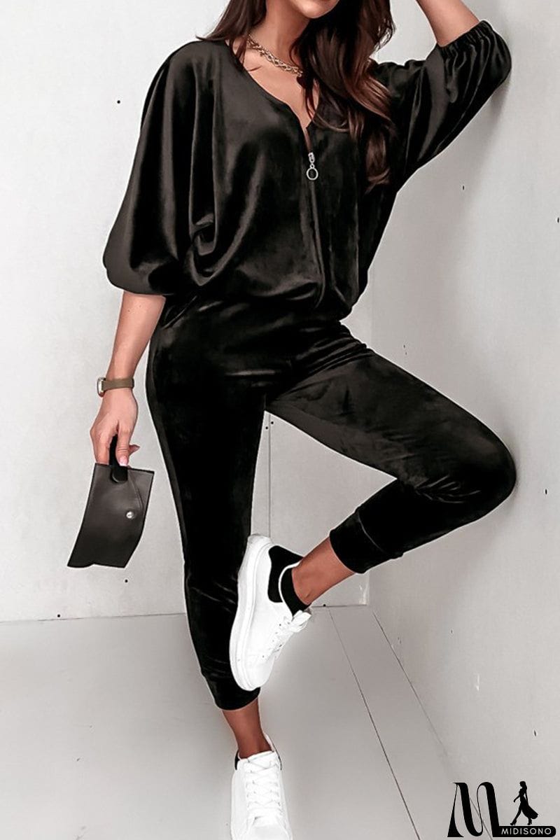 MidiSono - Casual Street Solid Zipper V Neck Long Sleeve Two Pieces
