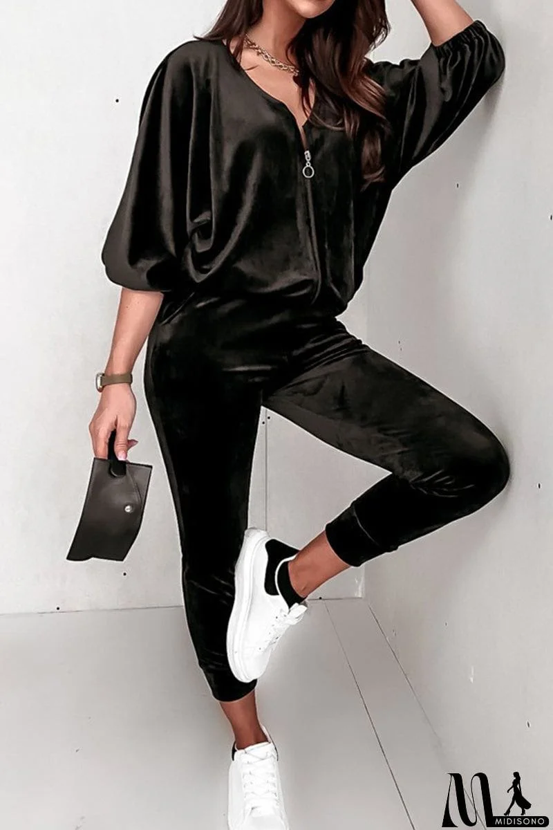 MidiSono - Casual Street Solid Zipper V Neck Long Sleeve Two Pieces