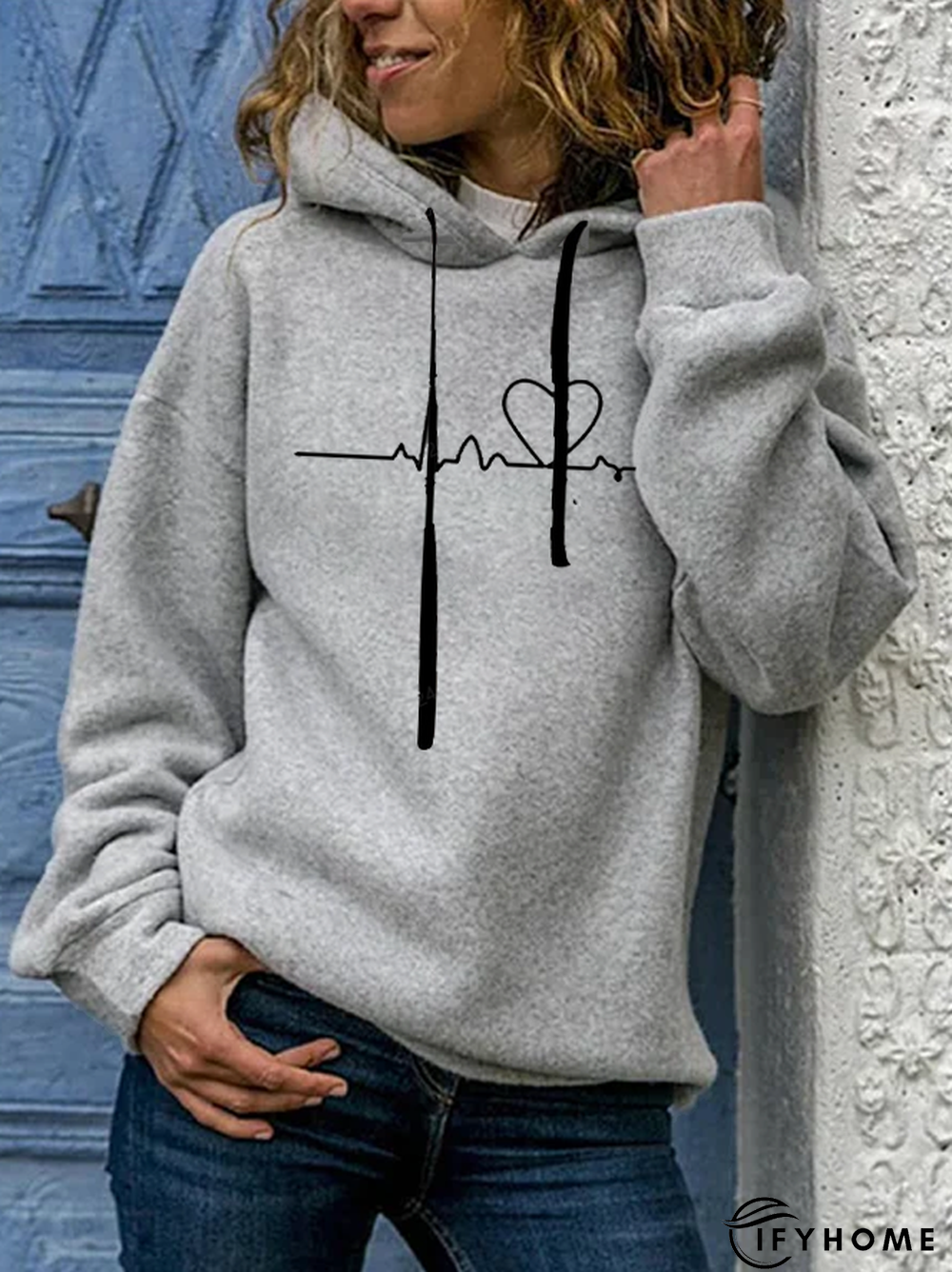 Casual Heart Beat Printed Long Sleeves Hooded Loosen Sweatshirt | IFYHOME