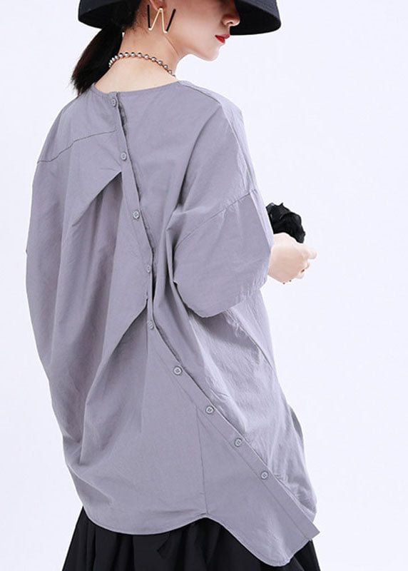 French Grey asymmetrical design Button Patchwork Fall Shirt Half Sleeve CK1937- Fabulory