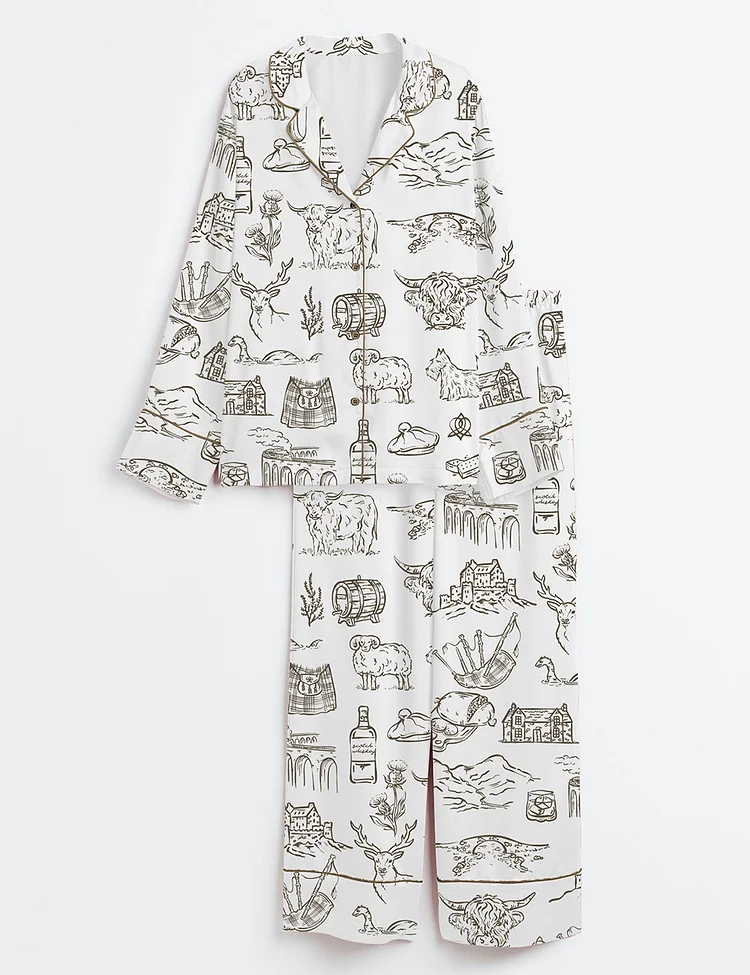 Women&rsquo;s Scotland Whimsical Style Scottish Highlands Whisky Castles And Love On The Moors Long Sleeve Satin Pajama Set