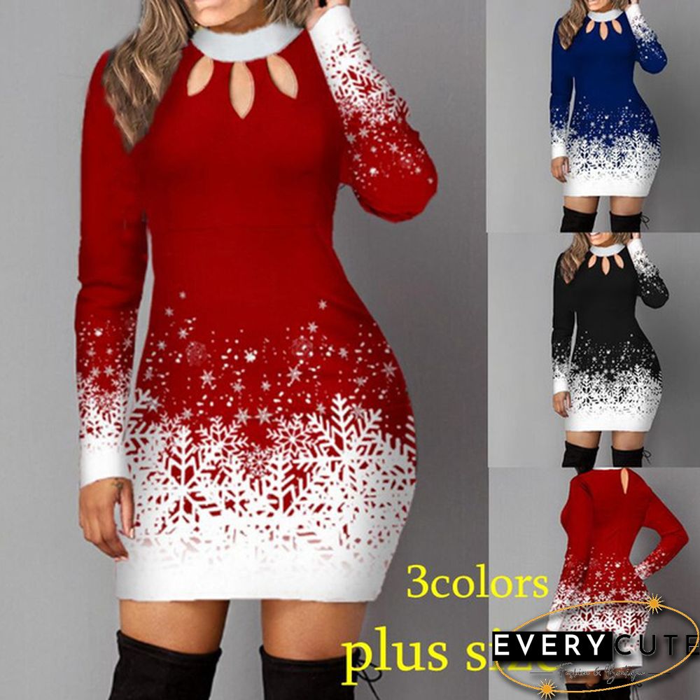 New Women Fashion Christmas Slim Fit Dress Snowflake Print Keyhole Front Long Sleeve Mini Dress