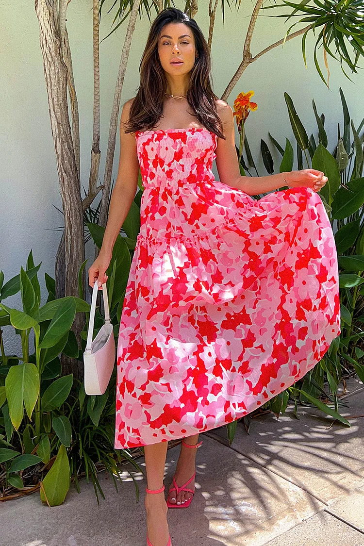 Floral Print Sleeveless Back Cross Tied Up Pleated Flowy Vacation Midi Dresses