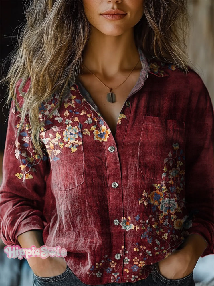 Women’s Retro Ethnic Floral Pattern Print Casual Long Sleeve Comfortable Cotton Shirt Multicolor / S