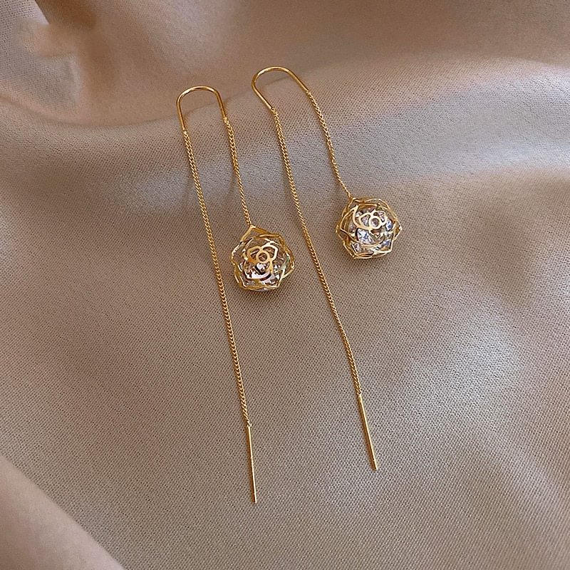Elegant Hollow Out Zircon Flower Long Earrings | IFYHOME