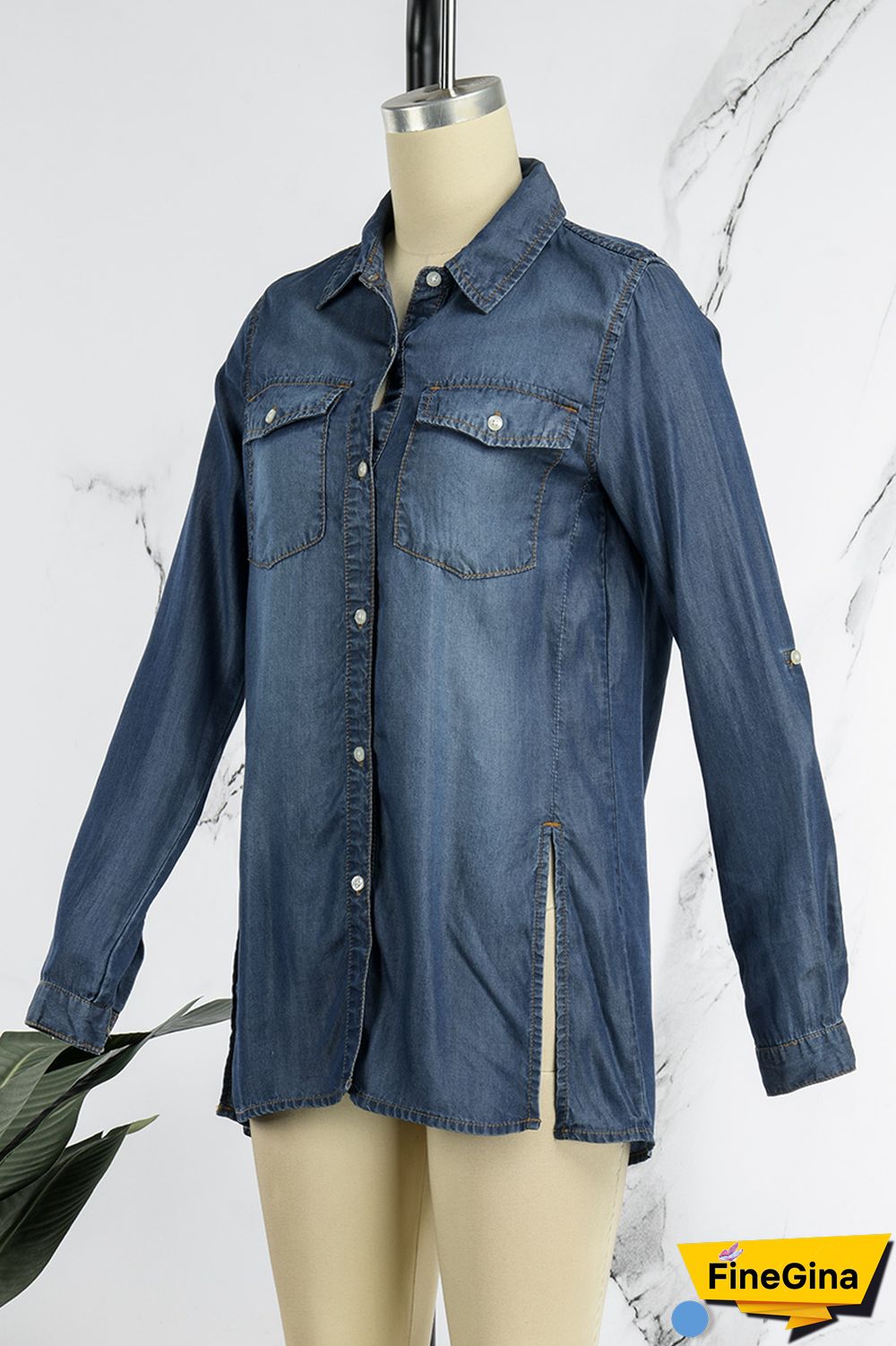 Blue Casual Solid Slit Turndown Collar Tops