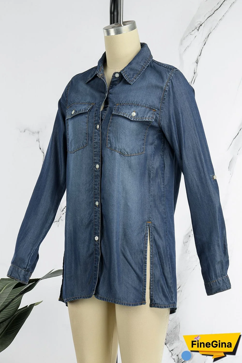 Blue Casual Solid Slit Turndown Collar Tops