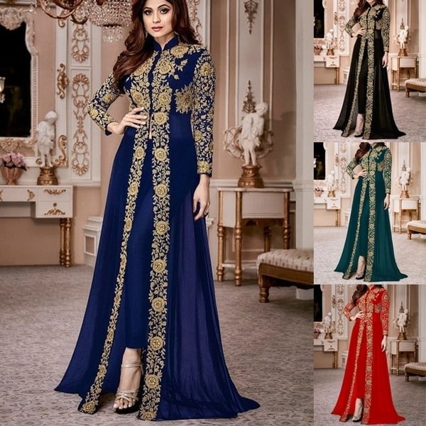 Women Fashion Elegant Floral Long Sleeve Abaya Style Dress Suit Plus Size - BlackFridayBuys