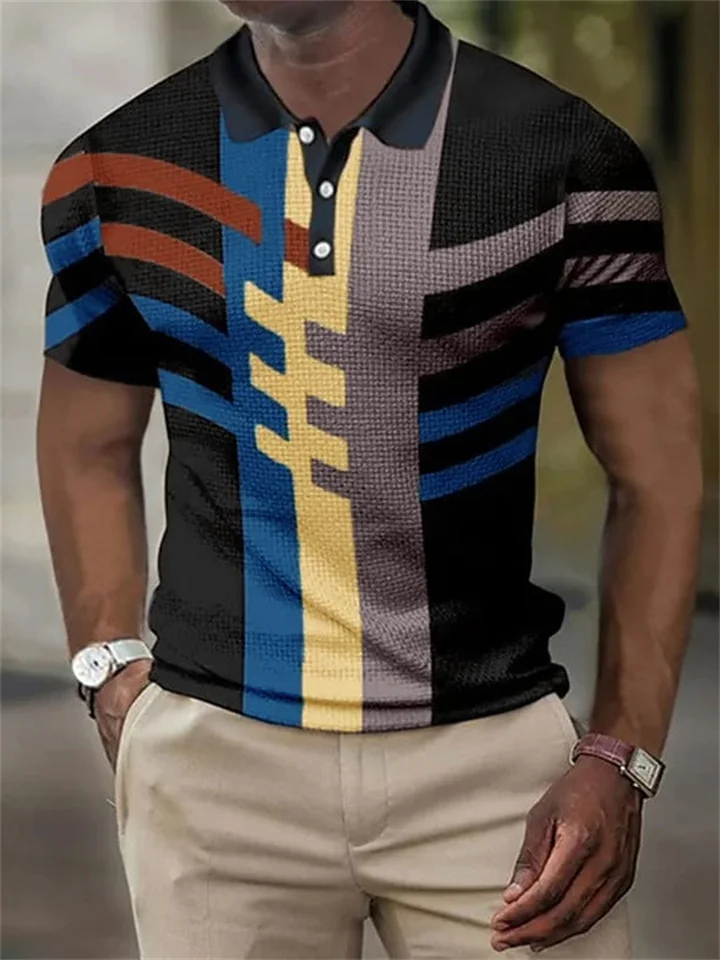 Men's Polo Shirt Golf Shirt Waffle Polo Shirt Geometry Turndown Yellow Pink Blue Sky Blue Orange 3D Print Outdoor Street Short Sleeves Button-Down Print Clothing Apparel Fashion Designer Casual | 168DEAL