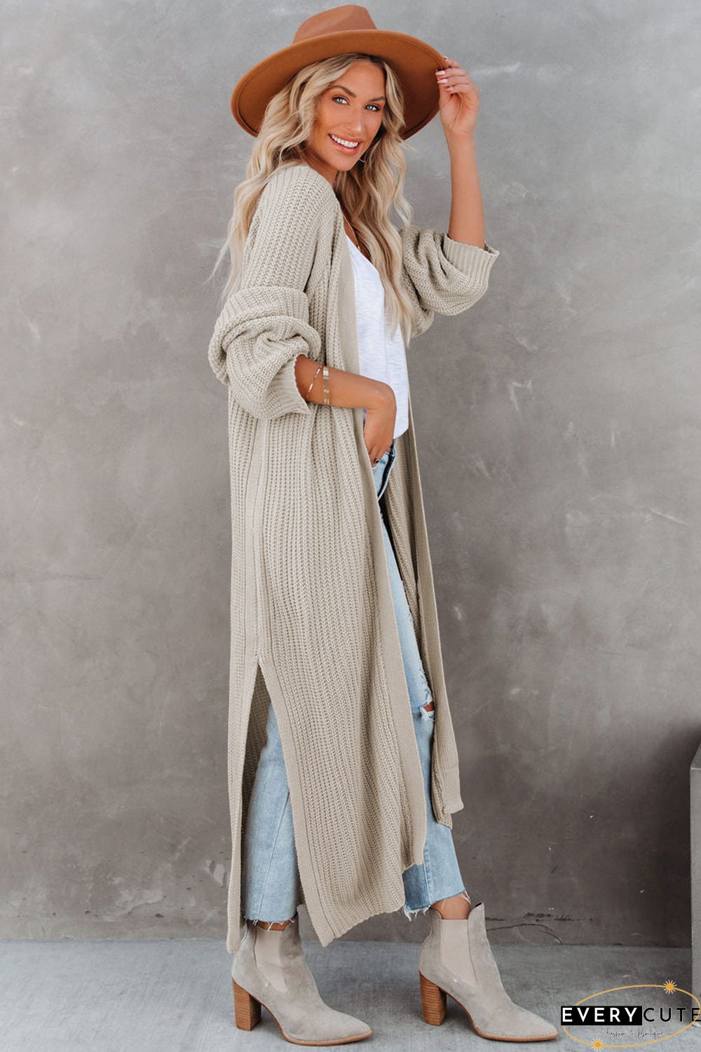 Open Front Side Slit Duster Knit Cardigan