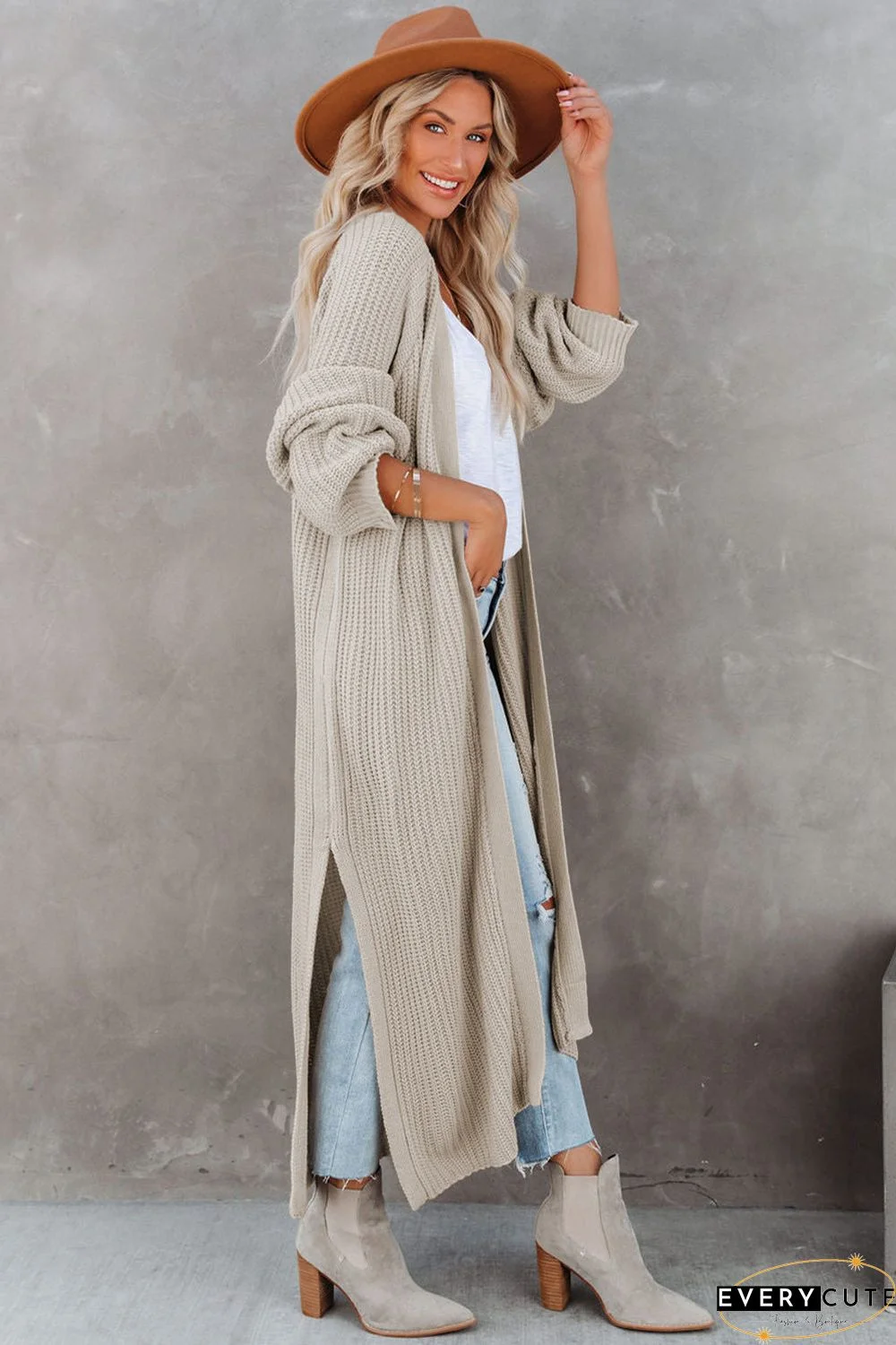 Open Front Side Slit Duster Knit Cardigan