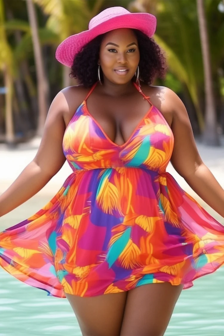 Xpluswear Design Plus Size Beach Pink Casual Graphic V Neck Swimwear Dress With Panty [Pre-Order] 2024 - Xpluswear