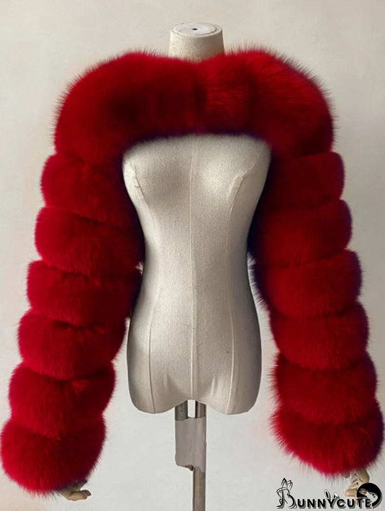 Winter Fashion Red Fake Fur Long Sleeve Jacket