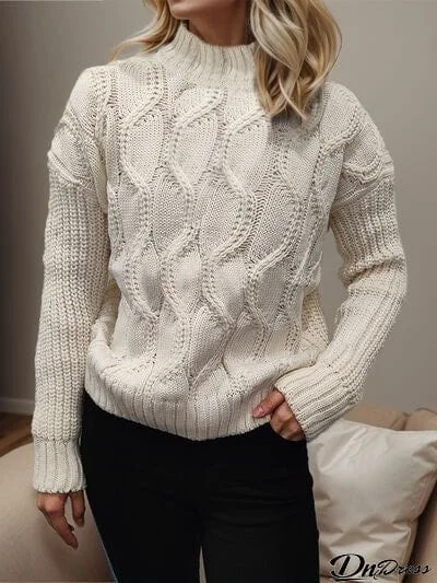 Cable-Knit Mock Neck Long Sleeve Sweater