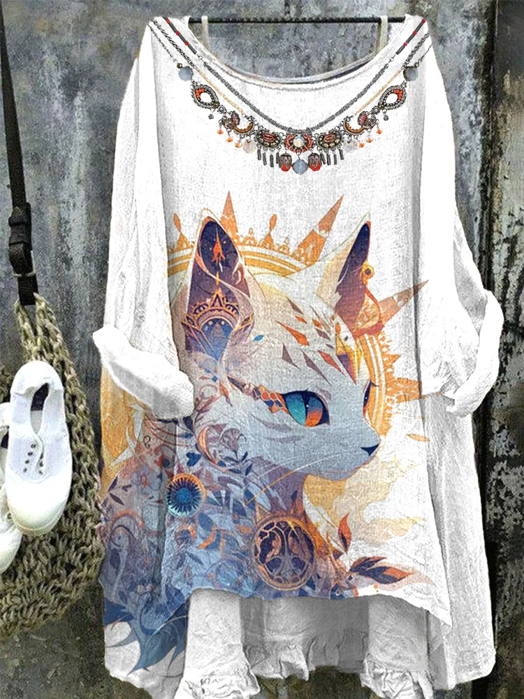 Japanese Art Cat Print Cotton Linen Long Sleeve Shirt