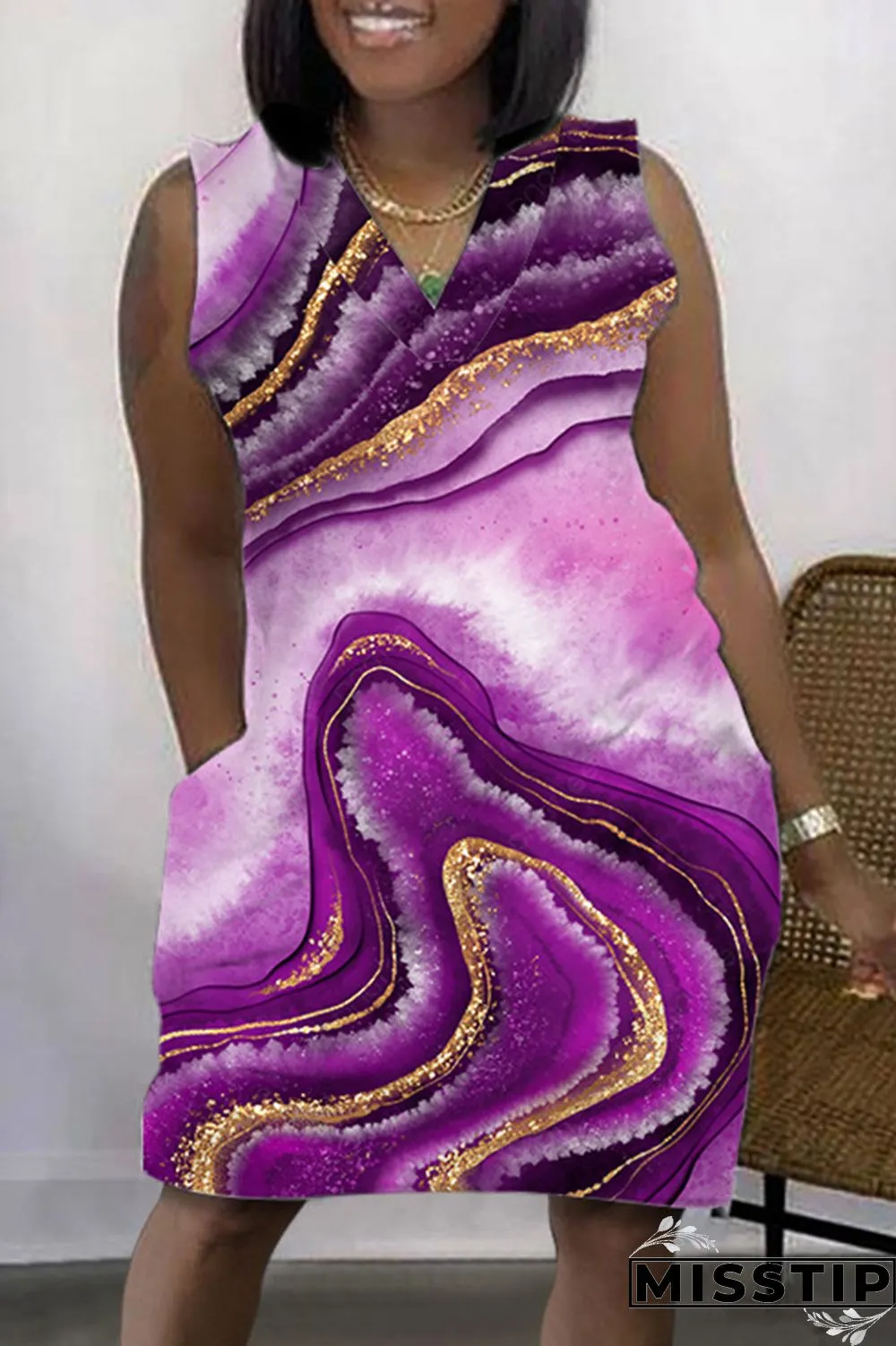 Purple Casual Print Patchwork V Neck Sleeveless Dress Dresses