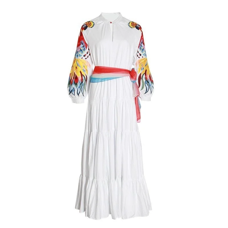 Phoenix floral embroidery long sleeve cotton dresses women 2020 vintage sashes boho white dress vestidos ethnic tunic