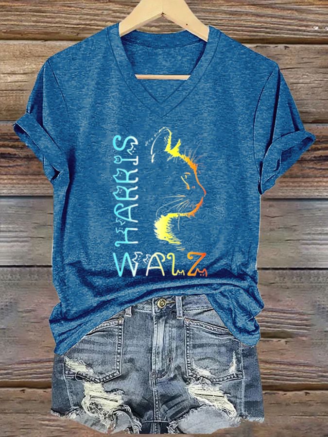 Women's Harris Waltz 2024 Kamala Walz Cat Lettering Positive Funny Print Casual T-Shirt