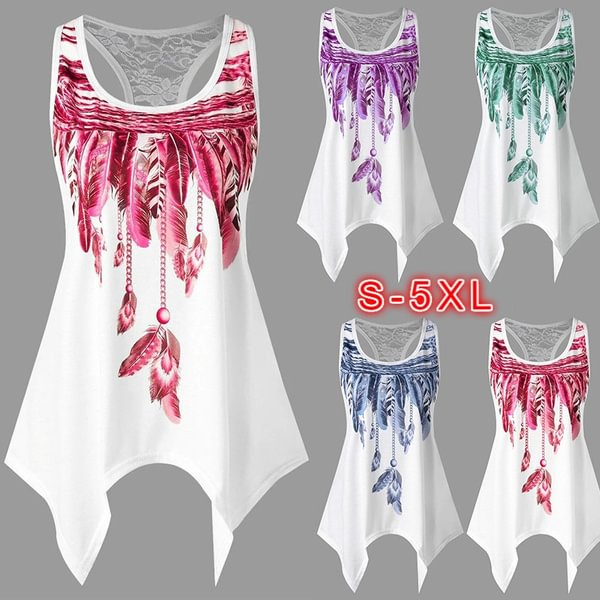 Summer Fashion Women Tank Tops Sexy Women Sleeveless Crop Tops Casual Style Women Cotton Print Lace Stitching Irregular Blouse Tops（S-5XL) - Shop Trendy Women's Fashion | TeeYours
