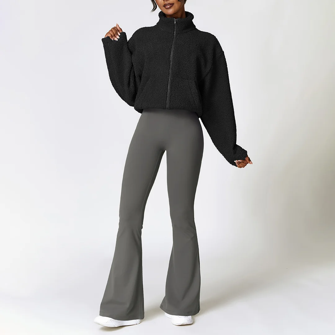 Solid zippered plush jacket & leggings 2-piece set