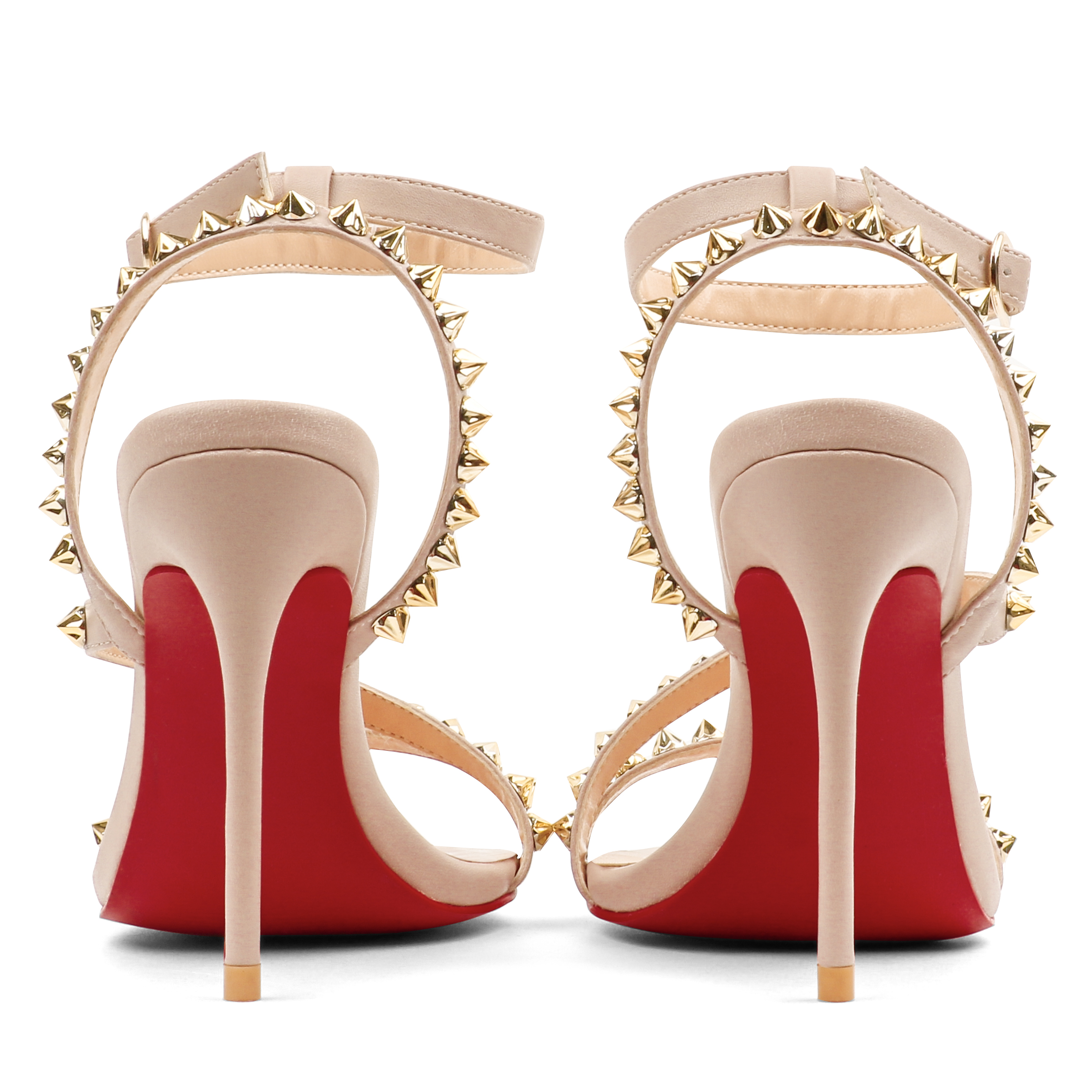 3.94'' Women Slingback Open Toe Rivets Sandals Ankle Buckle High Heel Summer Red Bottoms Nude Shoes-MERUMOTE