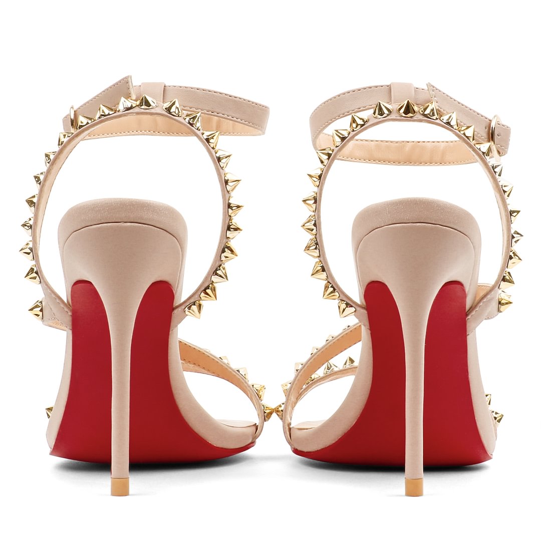 3.94'' Women Slingback Open Toe Rivets Sandals Ankle Buckle High Heel Summer Red Bottoms Nude Shoes-MERUMOTE