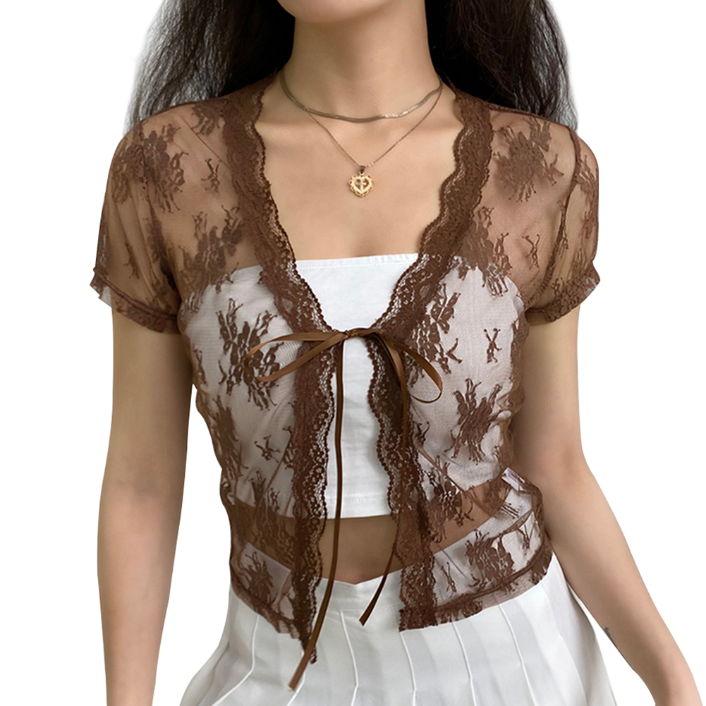 

Floral Lace Mesh Crop Tops See Through Lace-up T-shirts, Black, 501 Original