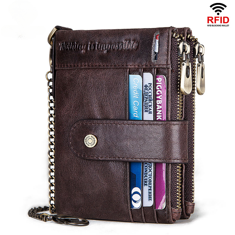 RFID Men's Genuine Leather Wallet with Anti-Theft Chain Zipper Coin Pocket | ARKGET