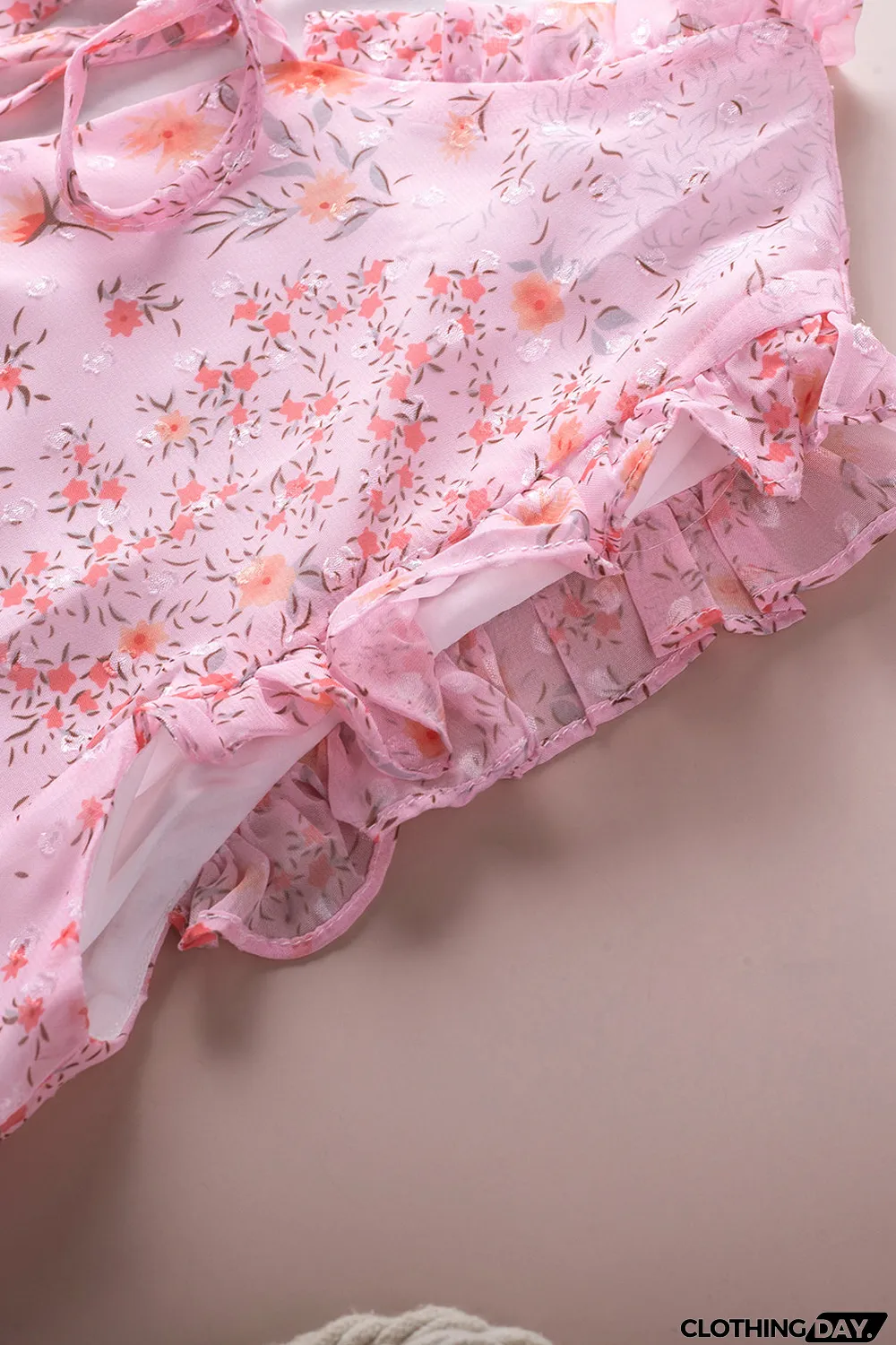 Pink Floral Print Drawstring Frill Trim Sleeveless Top