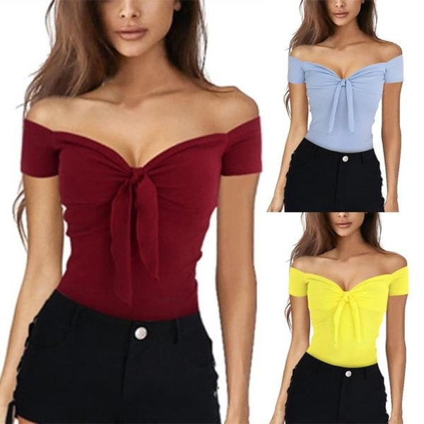 Women Summer Off Shoulder V-neck Bow Top Cotton Casual Stretch Slim Fitted T-Shirt - Shop Trendy Women's Clothing | LoverChic