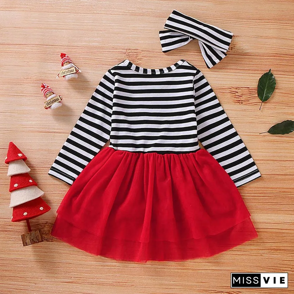 New Fashion Toddler Baby Girls Cute Christmas Santa Striped Print Tulle DressHeadband