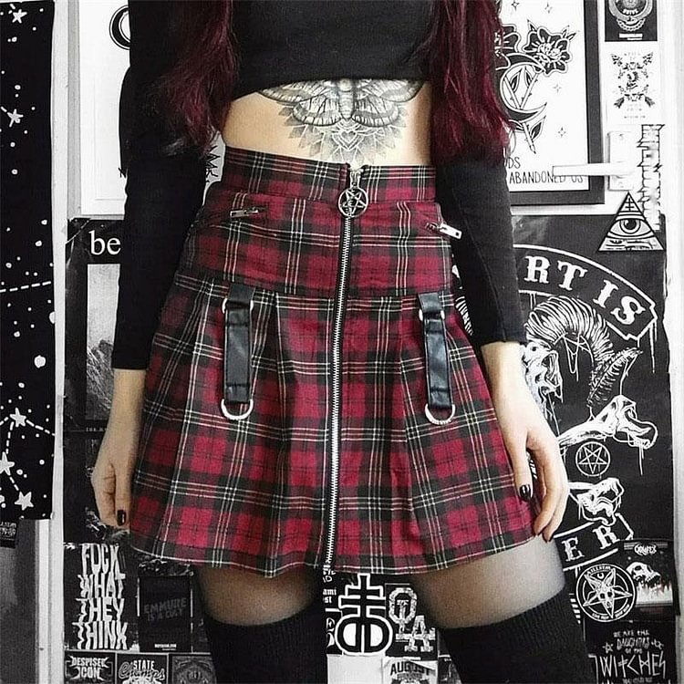 Punk Zipper Plaid Pleated Skirt - Modakawa Modakawa