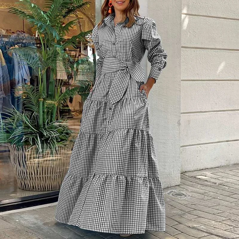 Shirt Dress Women Long Sleeve Party Dresses Casual Lapel Button Vintage Belted Pockets Sundress Plaid Printed Robes