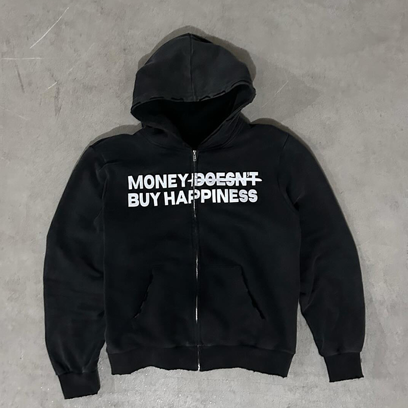 Sopula Money Buy Happiness Graphic Washed Cotton Zip-Up Hoodie - SOPULA