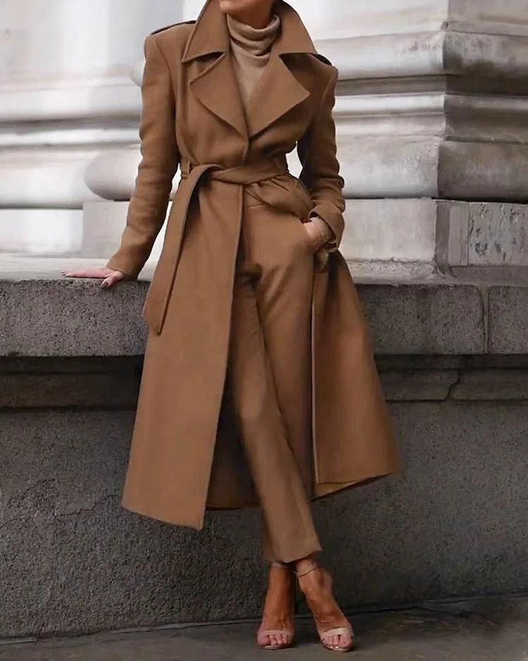 Solid Color Suit Stand Collar Fashionable Strappy Coat