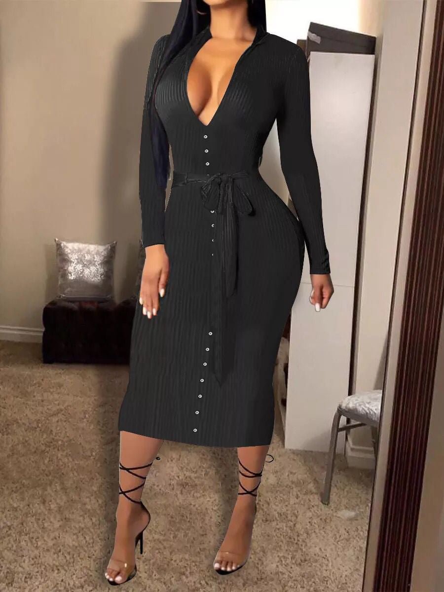 Sexy Knitted Rib Breasted Dress Long Sleeve Hip Skirt
