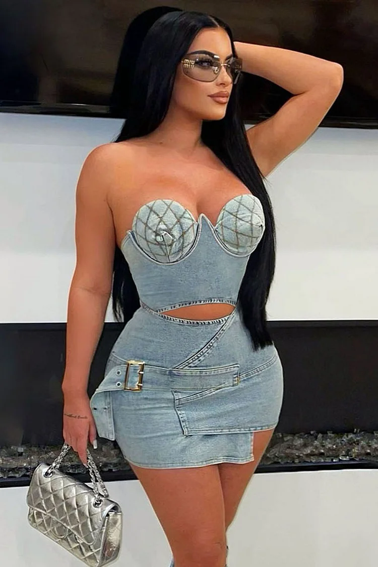Strapless Cutout Buckle Contrast Denim Party Mini Dresses-Blue [Pre Order]