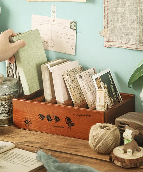 Vintage 6 Compartment Wood Storage Box-Himinee.com