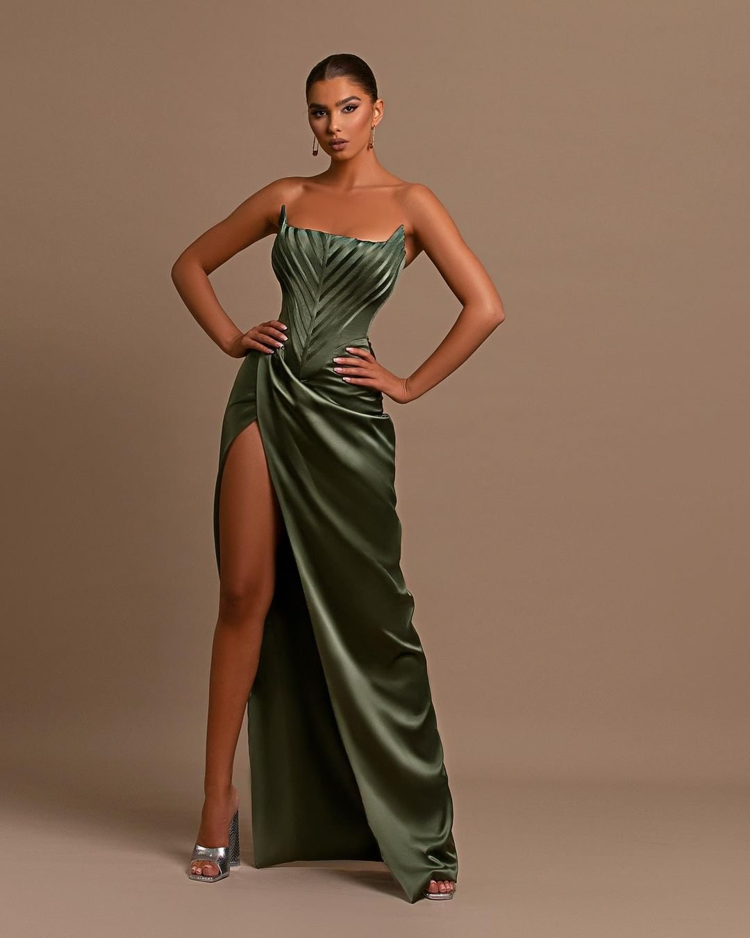 Pleated V-neck 3/4 Sleeves Ruffle A-Line Dress With Slit Dark Green main image 1