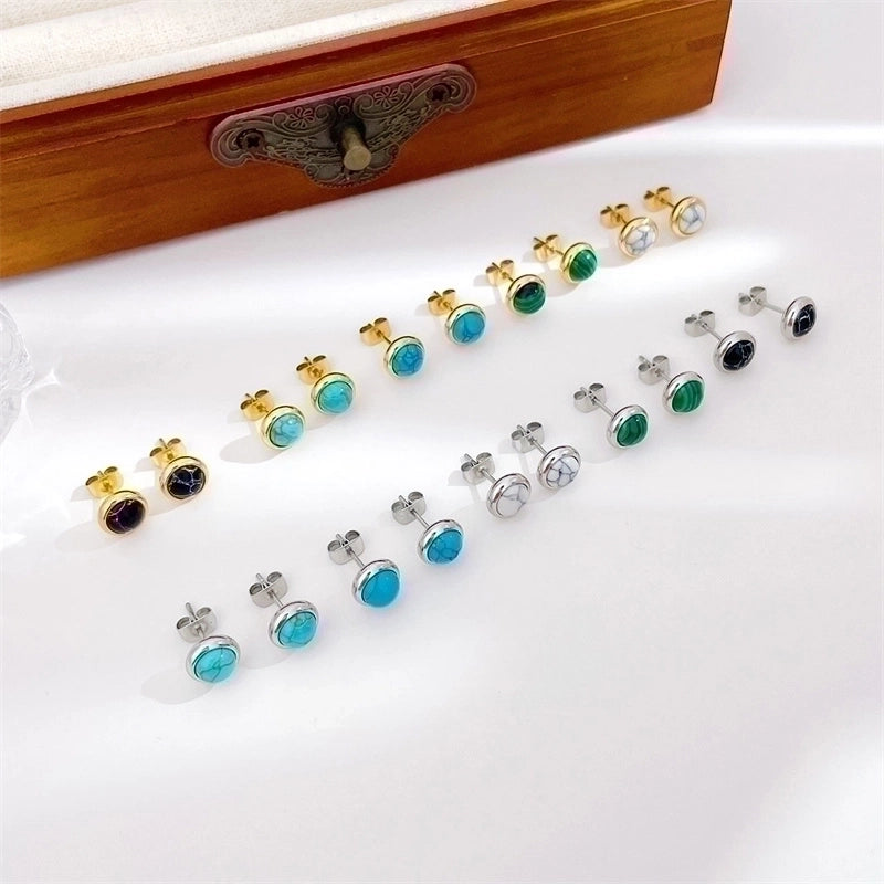 1 Pair Classic Style Round Texture Inlay 304 Stainless Steel Turquoise White Gold Plated Gold Plated Ear Studs