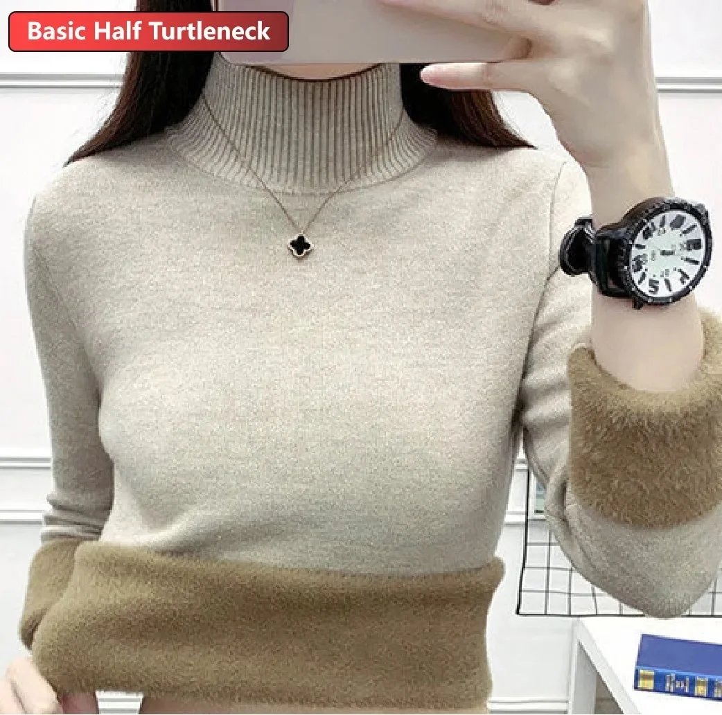 Uveng Warm Sweater Pullover Women Slim Thicken Plush Velvet Lined Knitwear Jumper Korean Half Turtleneck Poleras Soft Knit Tops