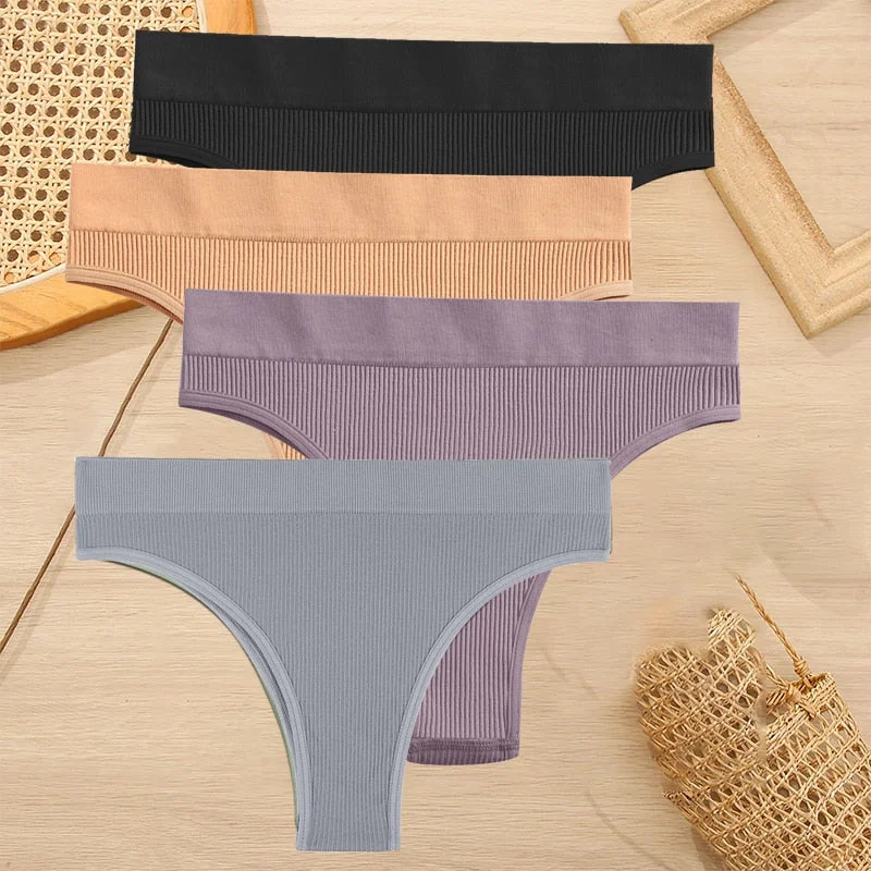 FINETOO 4PCS/Set Women Seamless Pantys Girls Thongs High Waisted Soft Woman Briefs 10 Solid Colors S-XL Sexy Underpant For Women