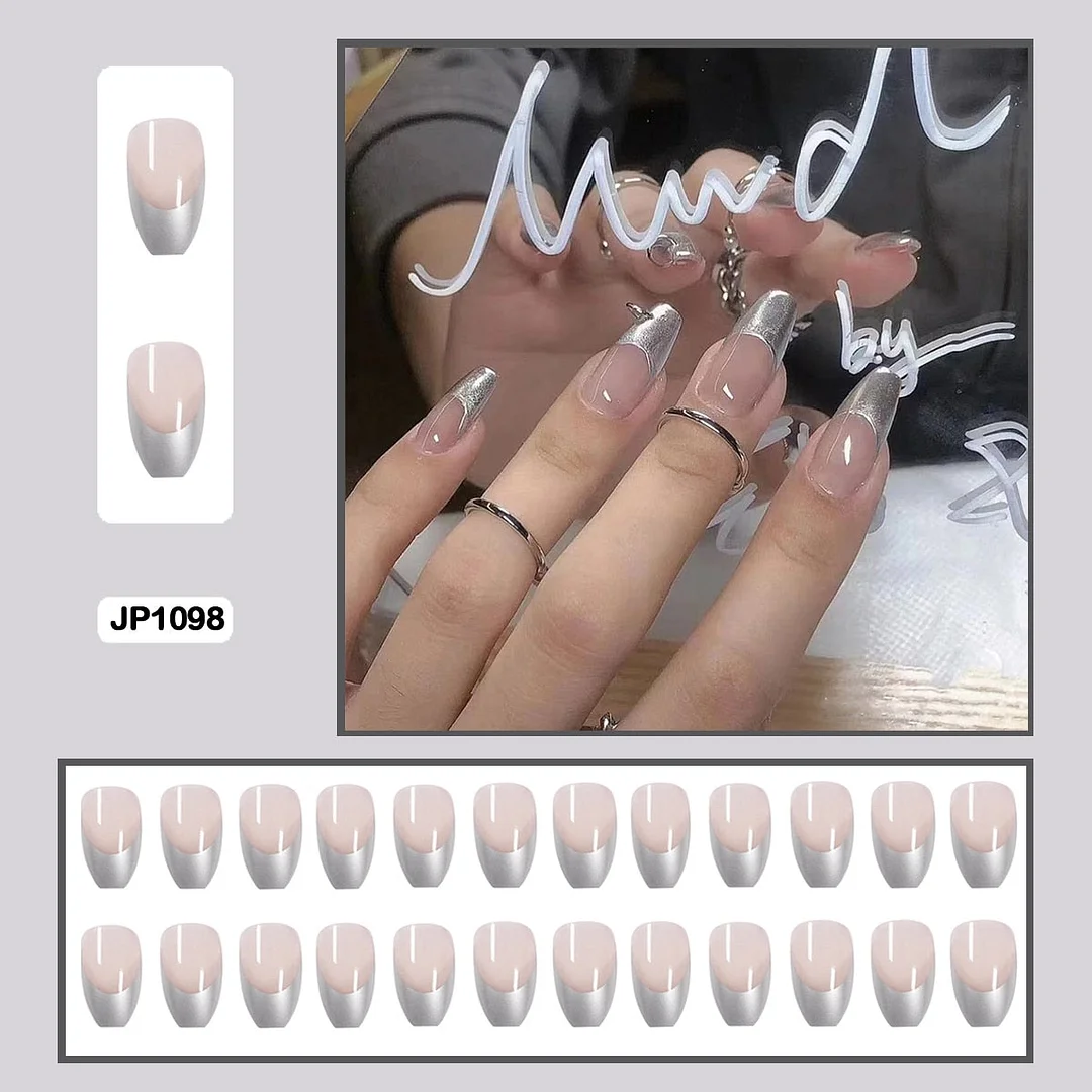 French Mordern stylish Elegant Gold Sliver Edge Line Wearable False Nails-Nail Inspo