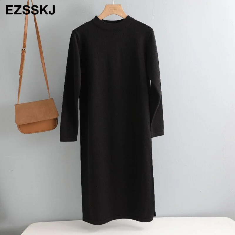 straight autumn winter long sweater dress women split side long o-neck maix sweater dress female basic dress