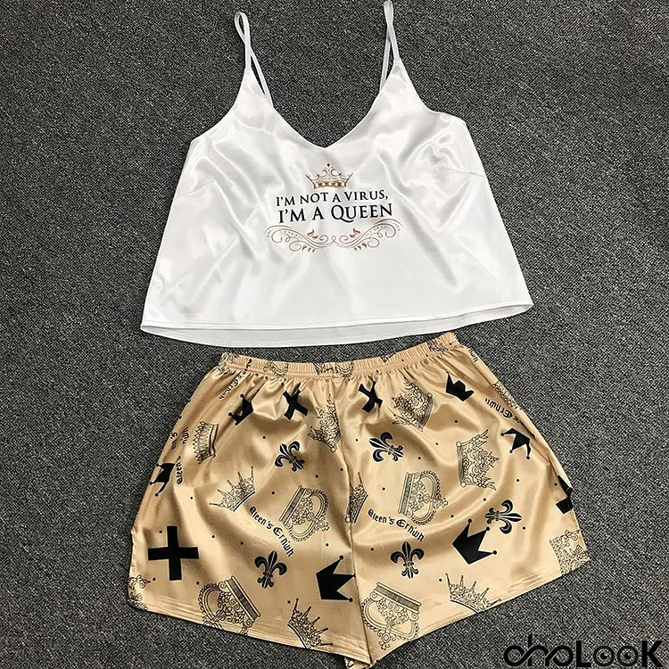 Women Fashion Sexy Silk Printing V-Neck Camis And Shorts Sets