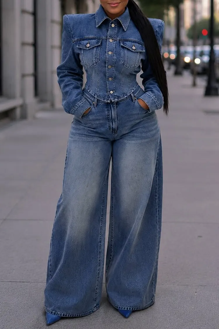 Plus Size Business Casual Light Blue Shirt Collar Long Sleeve Pocket Denim Two Piece Pant Sets [Pre-Order] 2024 - Xpluswear
