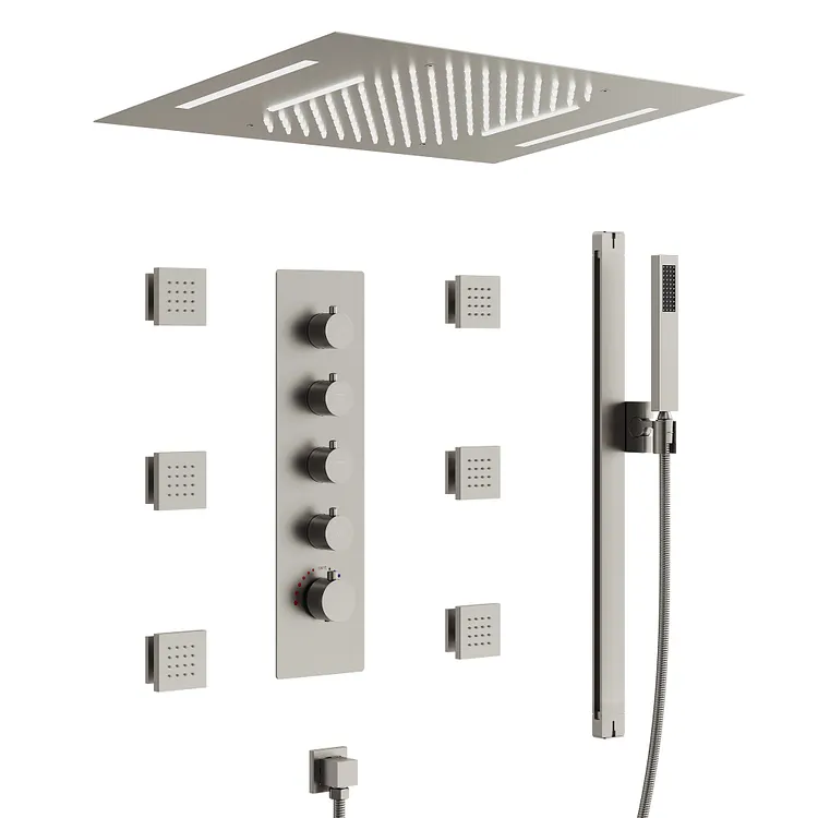 EVERSTEIN Thermostatic LED Dual Function Shower System in Brushed Nickel, 23" x 15"
